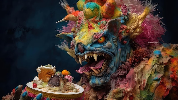 Un monstre avec une assiette de nourriture devant lui