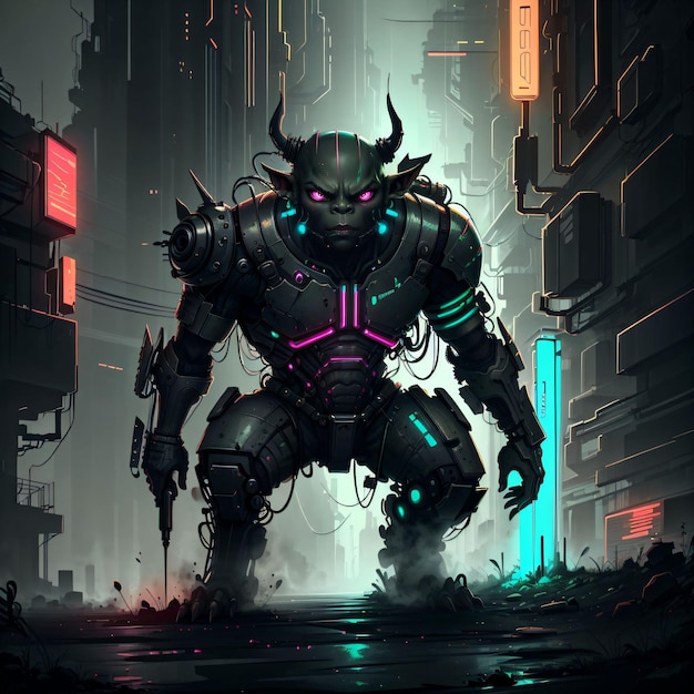 Monstre au néon cyberpunk avec des cornes