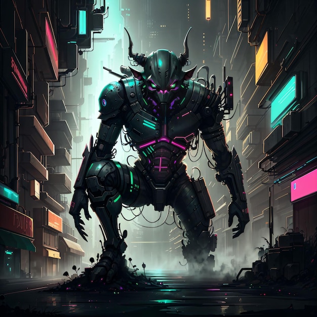 Monstre au néon cyberpunk avec des cornes