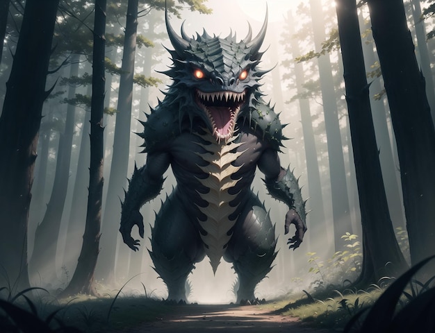 Un monstre au visage effrayant se dresse dans une forêt.