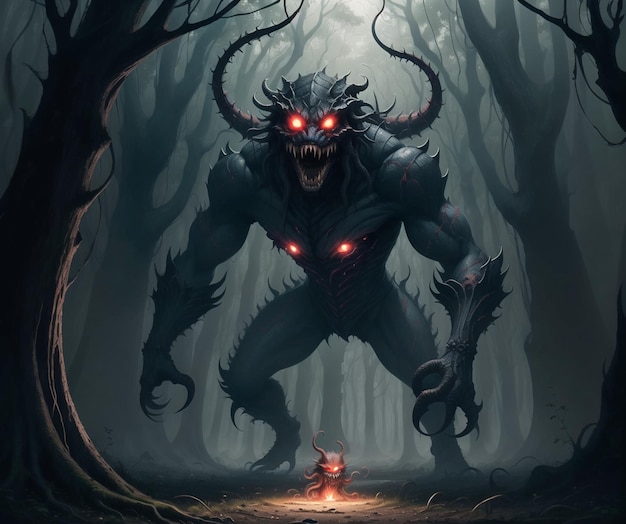 Un monstre aux yeux rouges se tient dans une forêt sombre avec une petite bougie rouge au premier plan.