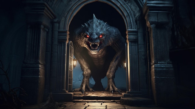 Un monstre aux yeux rouges se tient dans une pièce sombre avec une arche de pierre en arrière-plan.