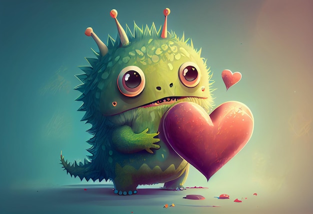 Un monstre de bande dessinée tenant un coeur qui dit l'amour dessus.