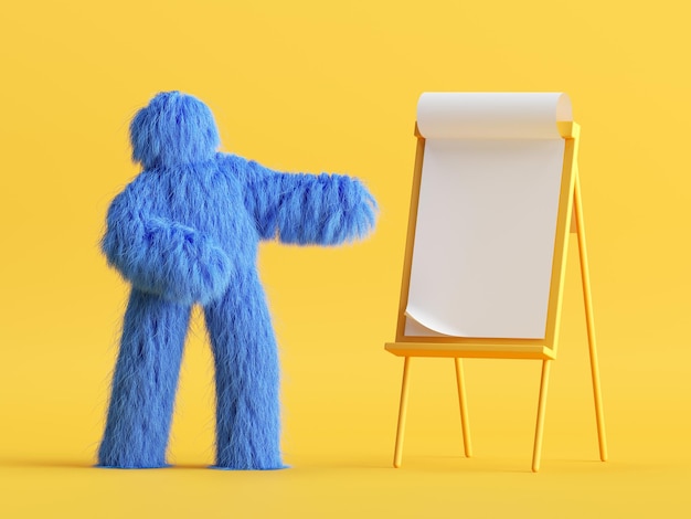 Le monstre bleu à fourrure se tient près du tableau de présentation