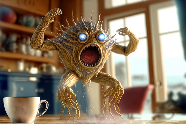 Monstre de café aux yeux fous Personnage mignon avec de l'énergie de la caféine très excité AI généré