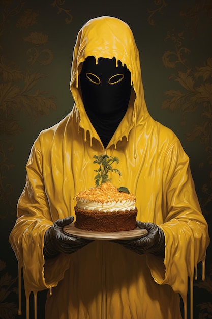 Monstre à capuche jaune sans visage tenant un gâteau 79