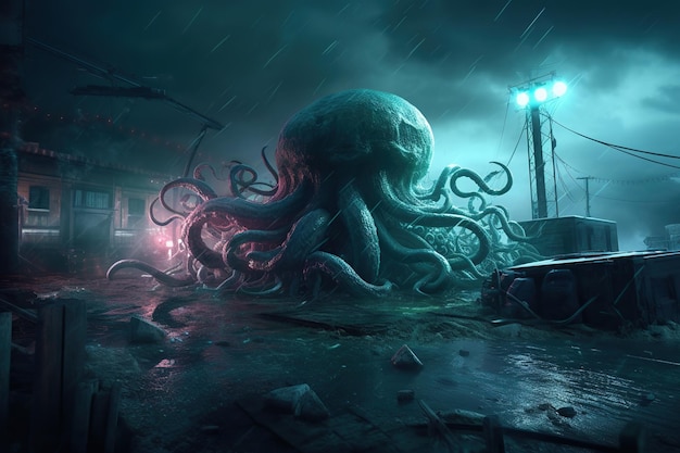 Le monstre Cthulhu a attaqué la ville et les bateaux sur la jetée du port de mer Le monstre Apocalypse aux tentacules a peur de l'horreur