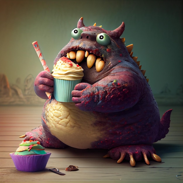 Un monstre avec un cupcake et une paille dans la bouche.