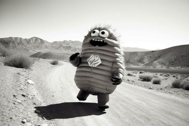 Un monstre déguisé en monstre marche sur un chemin de terre.