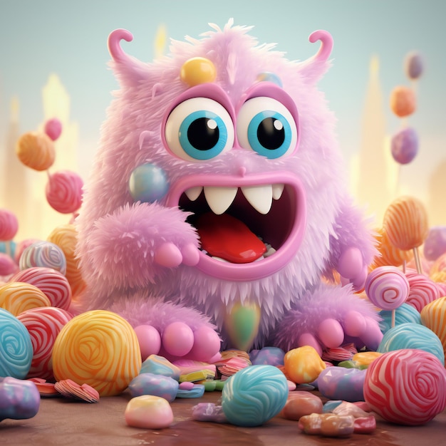 Monstre de dessin animé drôle avec des bonbons colorés