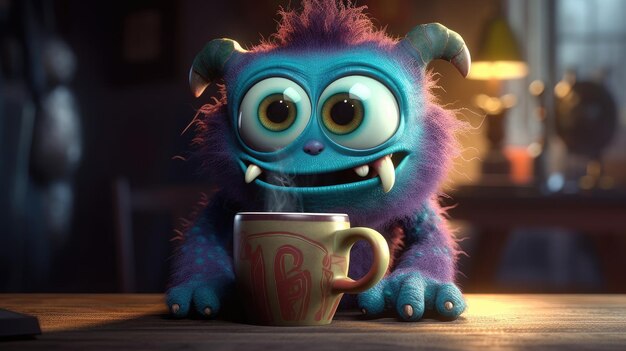 Photo monstre de dessin animé drôle prenant une tasse de café créé avec l'ia générative