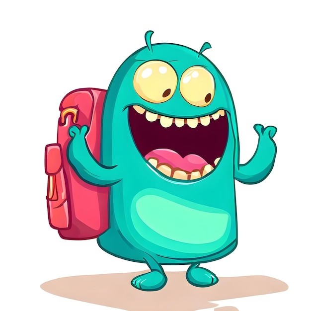 Monstre de dessin animé portant un sac d'école visage heureux