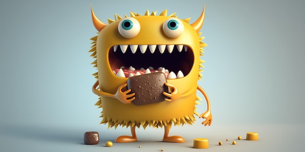 Un monstre de dessin animé avec un visage jaune mangeant un cookie.