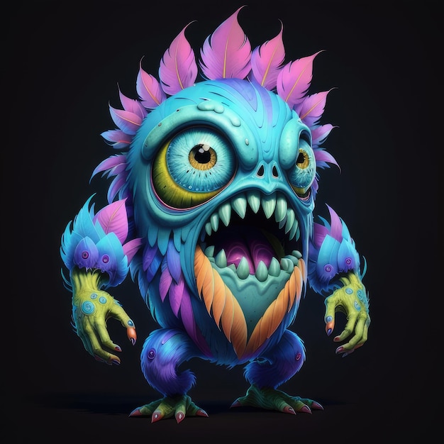 Un monstre de dessin animé avec un visage violet et bleu et des yeux verts.