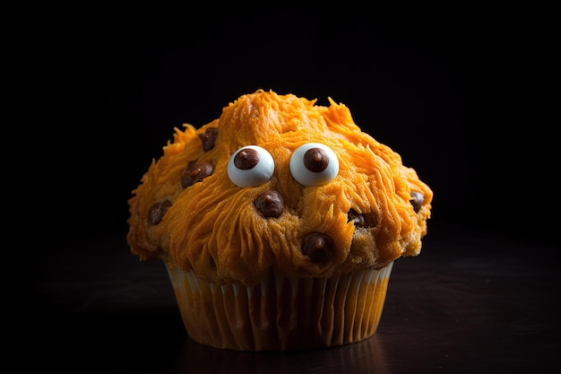 Monstre drôle de muffin avec des yeux sur un fond noir