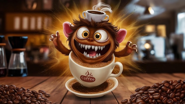 Monstre du café avec des yeux fous personnage mignon avec l'énergie de la caféine très excité généré ai