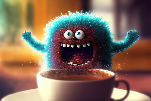 Monstre du café avec des yeux fous personnage mignon avec de l'énergie de la caféine très excité généré par l'IA