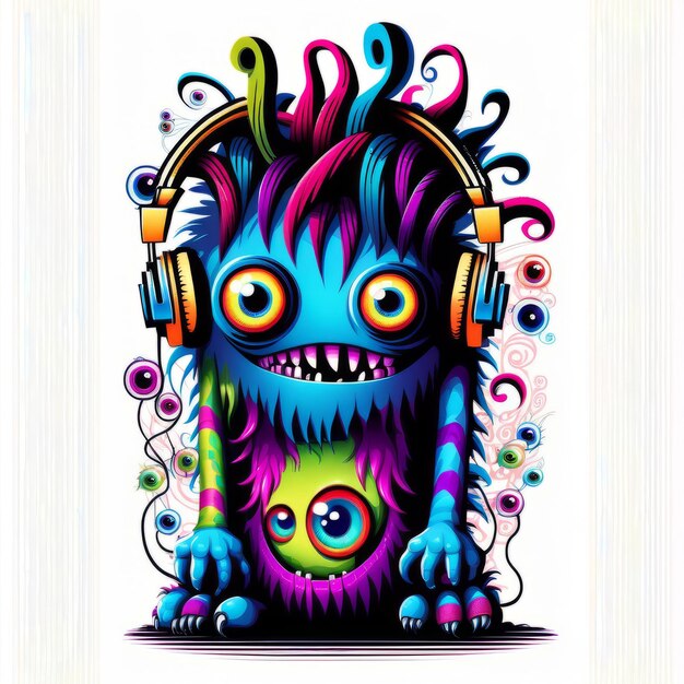 Monstre avec écouteurs illustration en couleur créée avec un logiciel d'IA génératif