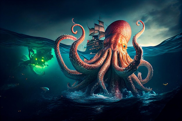 Un monstre géant de poulpe kraken attaquant un bateau pirate dans l'océan sombre Generative AI