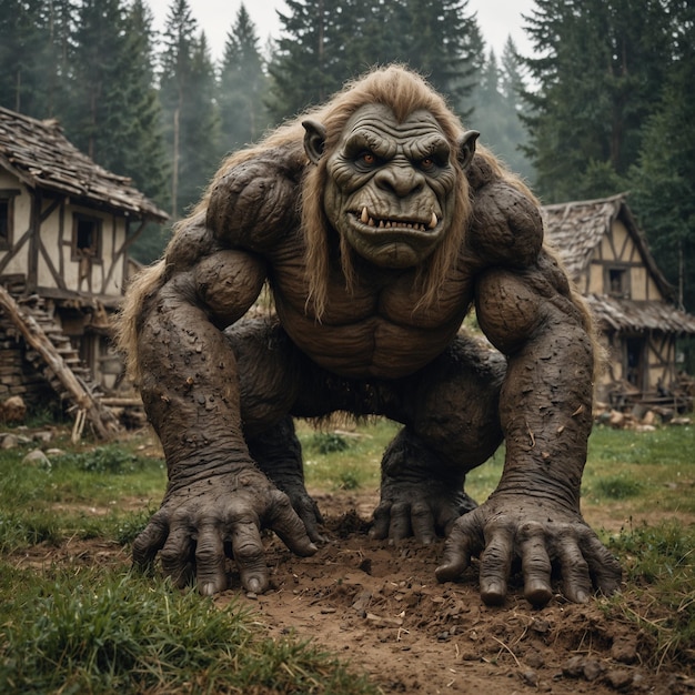 un monstre avec une grande tête se tient devant une maison