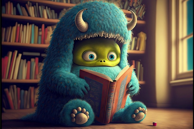 Le monstre mignon de l'enfant doux lit des livres dans la bibliothèque ai générative