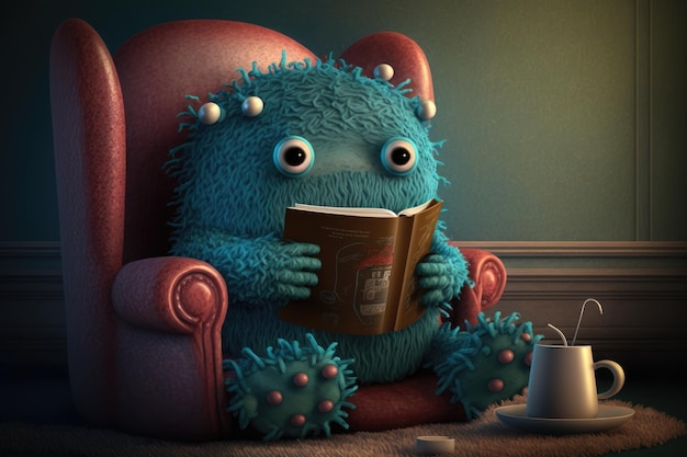 Monstre mignon est assis dans un fauteuil confortable lisant un livre avec une tasse de thé