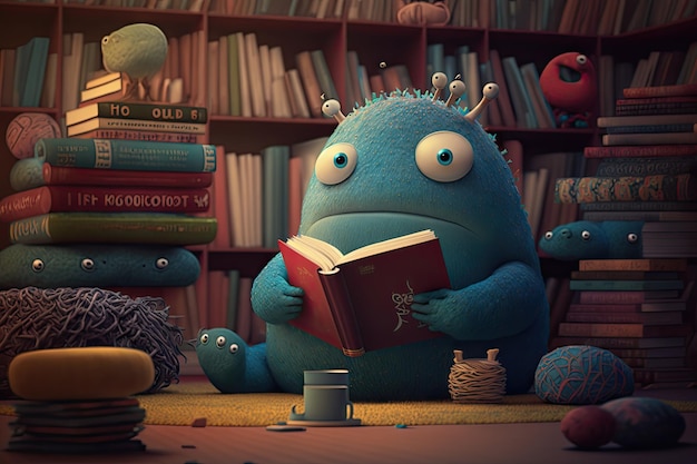 Le monstre mignon est entouré de livres de toutes formes et tailles différentes dans une bibliothèque confortable