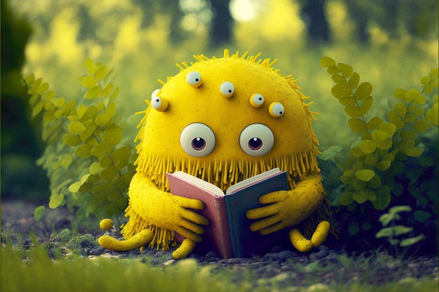 Monstre mignon jaune vif lit des livres dans le jardin ai génératif