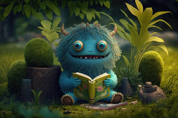 Monstre mignon lit un livre dans le parc entouré par la nature