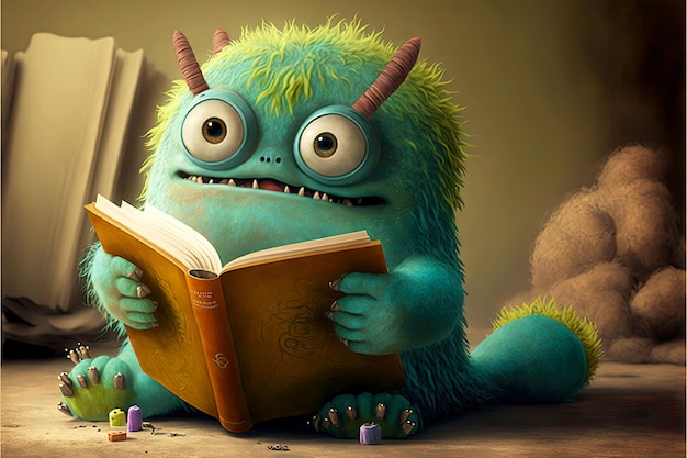 Monstre mignon lit des livres et saisit le livre dans les pattes génératives ai