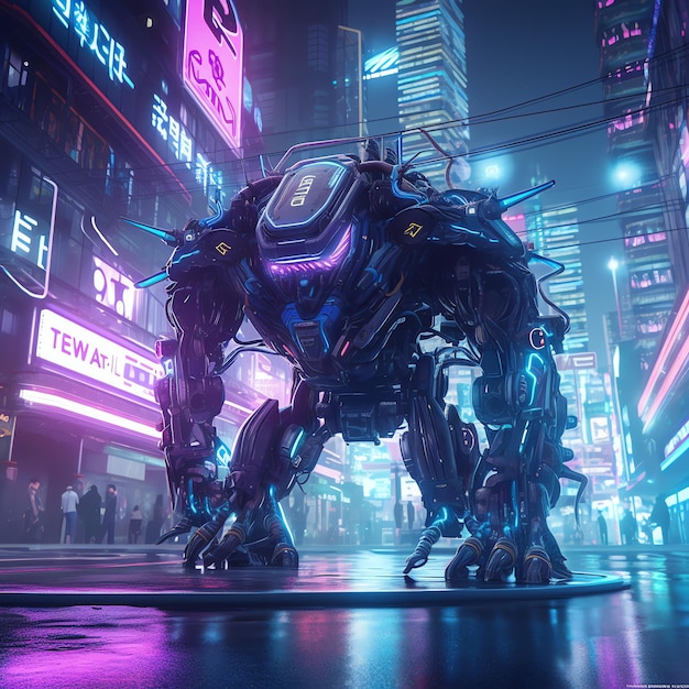 Monstre robotique cyberpunk avec fond ville moderne sci-fi lumière néon illustration papier peint