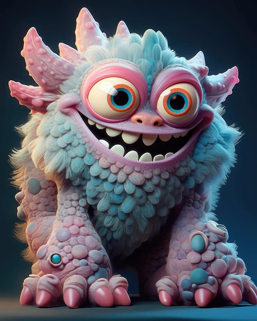 Un monstre rose et bleu avec un grand sourire et un grand sourire sur son visage.