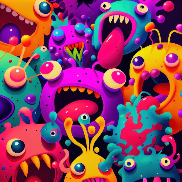 Monstres de dessin animé drôles magiques abstraits Beaucoup de monstres drôles de peinture colorée et de couleurs arc-en-ciel