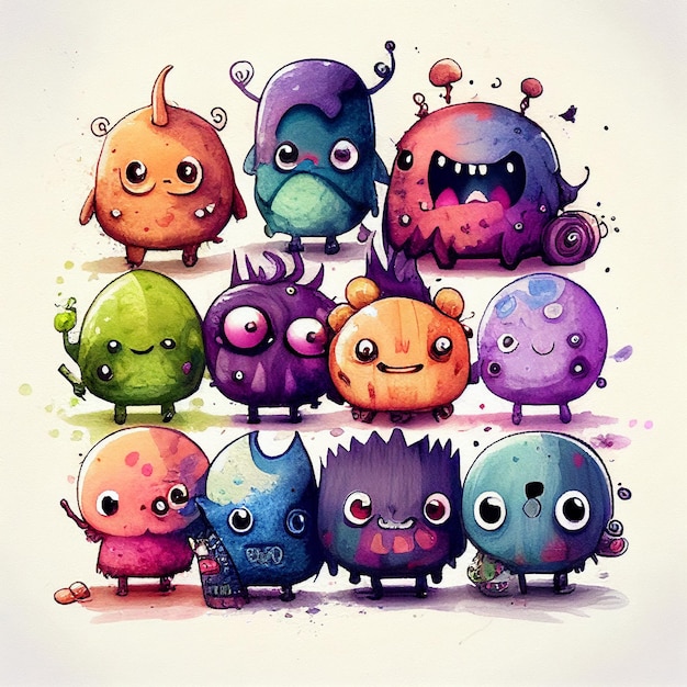 Des monstres de dessins animés avec différentes expressions et couleurs sont regroupés par ai générative