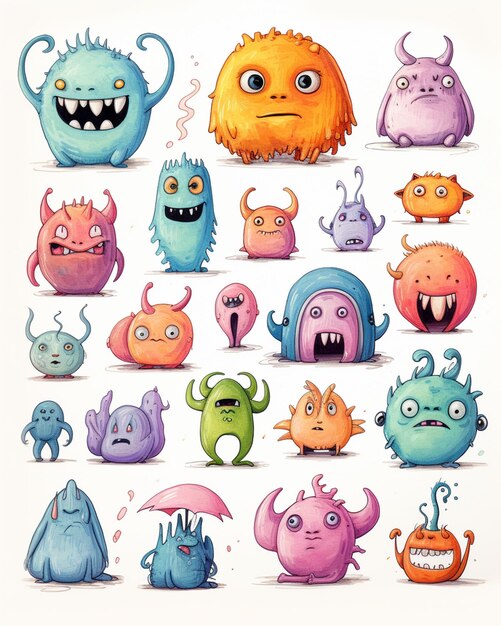 monstres de dessins animés avec différentes expressions et expressions génératives ai