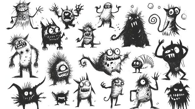 Photo des monstres des lignes drôles des extraterrestres dessinés à la main pour les pages à colorier illustration plate