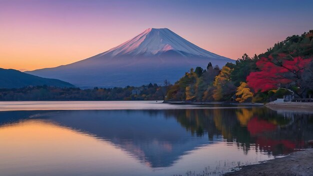 Le mont Fuji au-dessus du lac Kawaguchiko avec le feuillage d'automne au lever du soleil à Fujikawaguchiko au Japon