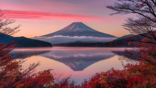 Le mont Fuji au-dessus du lac Kawaguchiko avec le feuillage d'automne au lever du soleil à Fujikawaguchiko au Japon