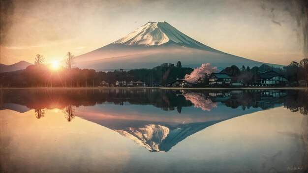 Le mont Fuji au lac Kawaguchikosunrise vintage