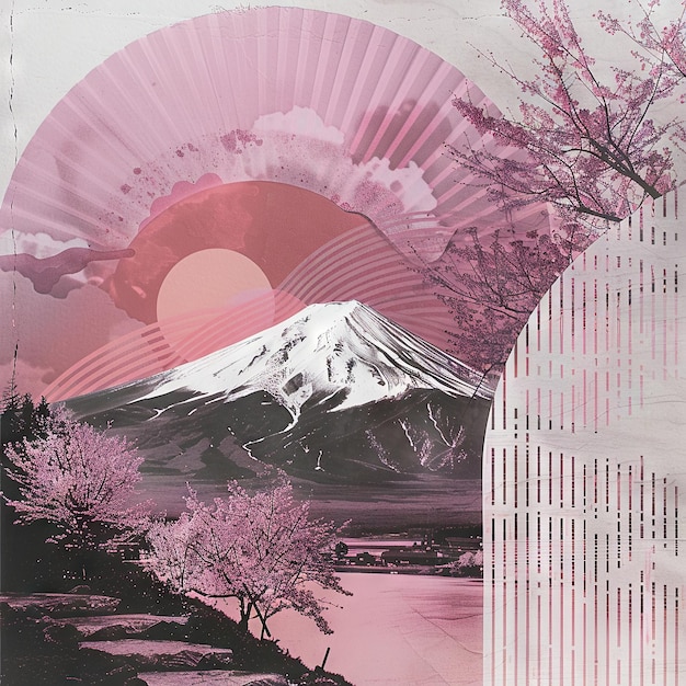 Photo le mont fuji à l'aube et le collage de fleurs de cerisier