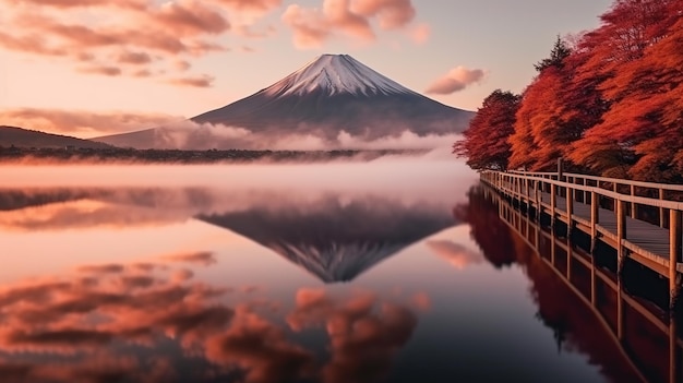 Mont Fuji avec brouillard matinal et feuilles rouges