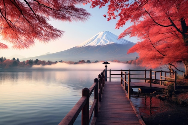 Mont Fuji et lac Kawaguchiko en automne Japon Saison d'automne colorée et mont Fuji avec brouillard matinal et feuilles rouges au lac Kawaguchiko AI généré