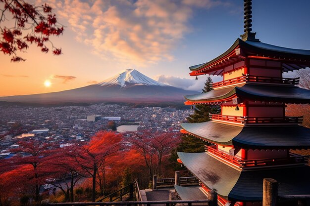Mont Fuji et pagode Chureito au lever du soleil