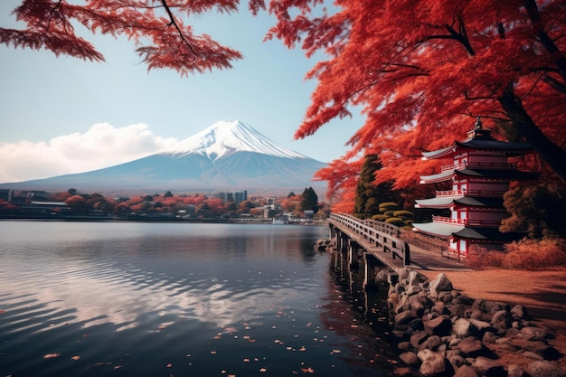 Photo le mont fuji avec la pagode rouge à l'automne fujiyoshida japon