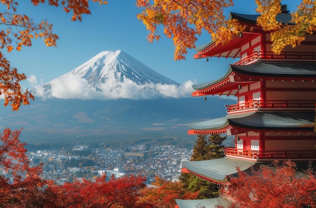 Le mont Fuji et la pagode rouge avec des feuilles d'automne