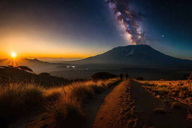 Le mont Kilimandjaro et la ligne de nuages au coucher du soleil vue depuis le paysage de savane à Amboseli Kenya Afrique