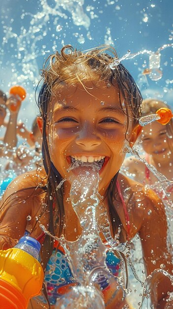 Montage d'art numérique surréaliste d'enfants qui rient et jouent avec des pistolets à eau à la Journée mondiale de l'eau