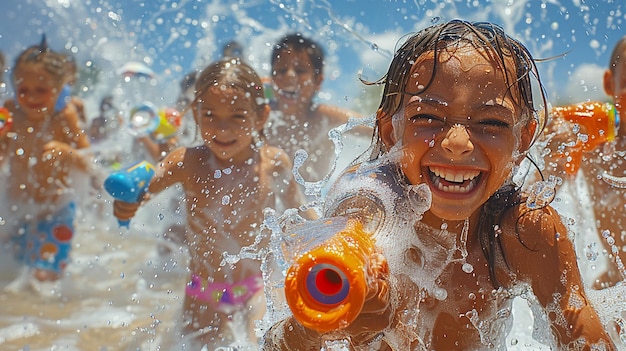 Montage d'art numérique surréaliste d'enfants qui rient et jouent avec des pistolets à eau à la Journée mondiale de l'eau