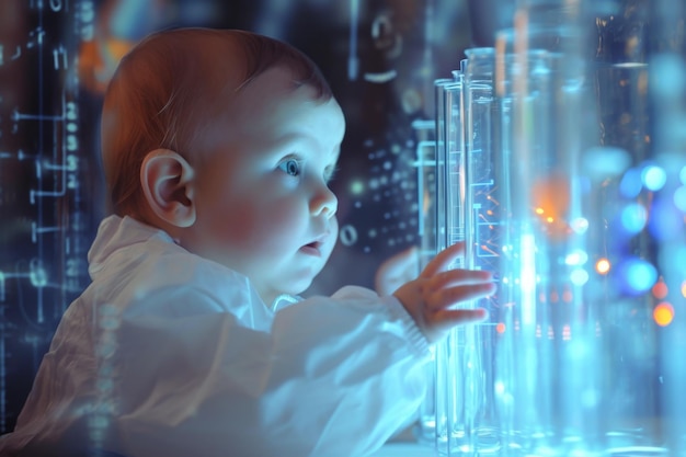 Montage mettant en vedette un adorable bébé scientifique explorant de nouvelles recherches passionnantes