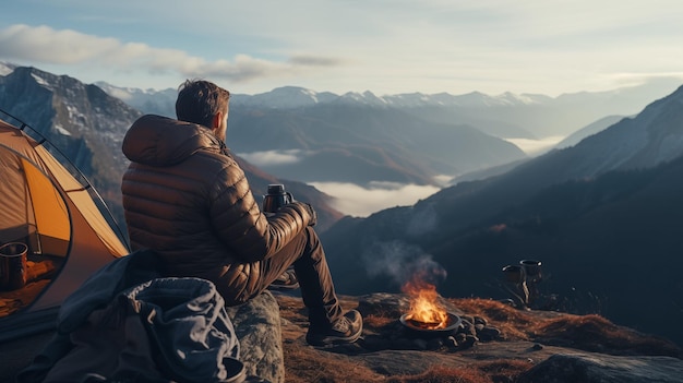 Un montagnard assis près du feu de camp avec un paysage de montagne en arrière-plan